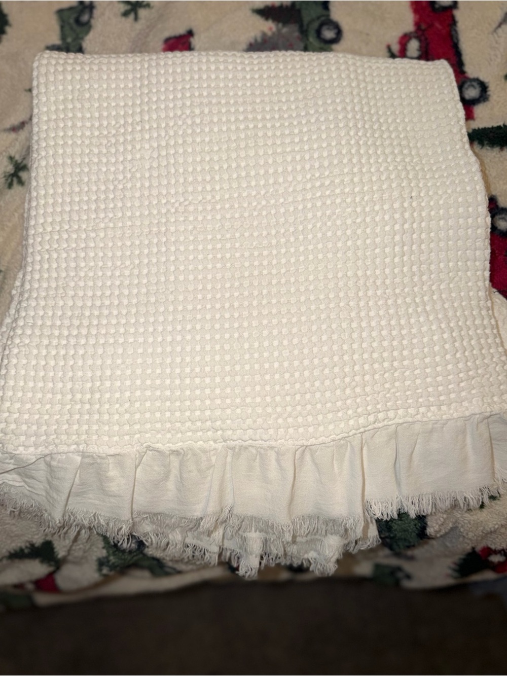 Soft Waffle Weave White Shower Curtain with Ruffle Edge